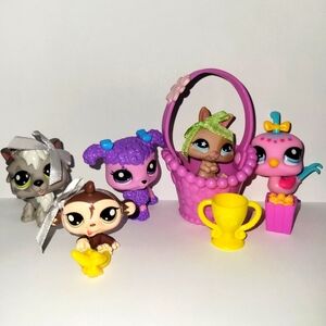 Littlest Pet Shop Lot Of 5 Wolf Bunny Monkey Peacock Poodle